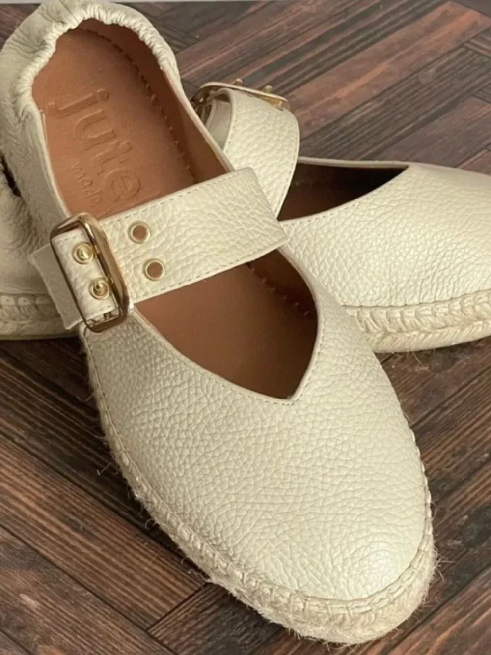 JUTELIA MADE IN SPAIN Cream Pebble Leather Mary Jane Espadrille Flats Size 38